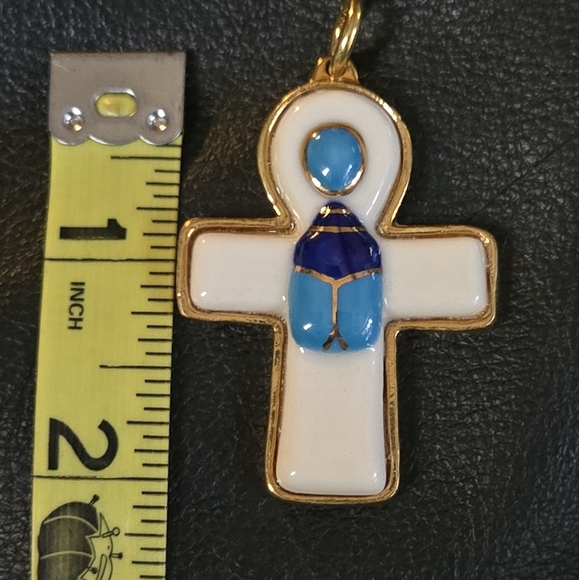 Blue & gold vintage Egyptian porcelain Ankh & Scarab pendant - Picture 5 of 6